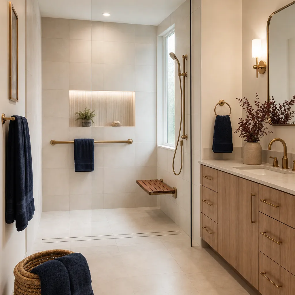 Curbless shower with a flush linear drain, fold-down teak bench and brass grab bar