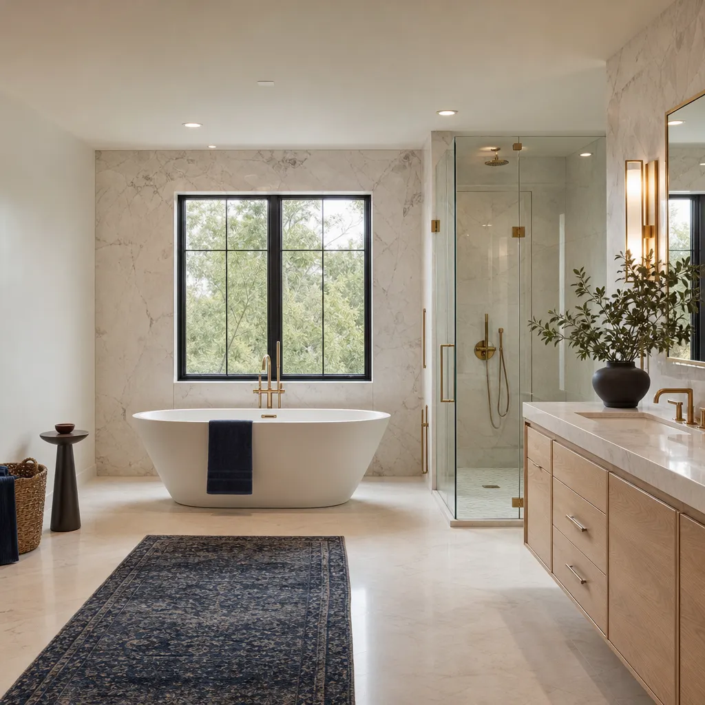 Bathroom with a freestanding tub, glass shower and natural wood vanity