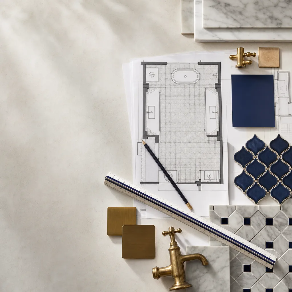 Bathroom floor plan with tile samples and brass fixture selections
