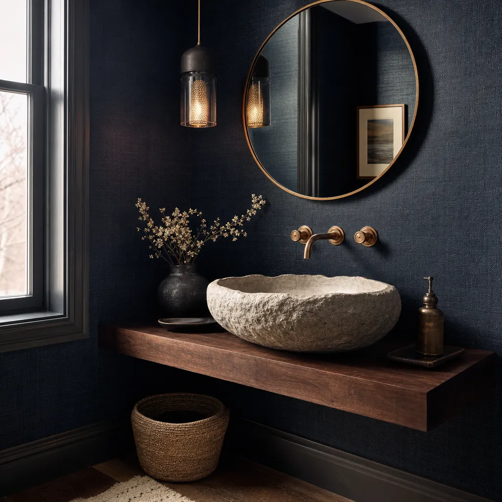 Powder room with navy grasscloth walls, a stone vessel sink and a round brass mirror
