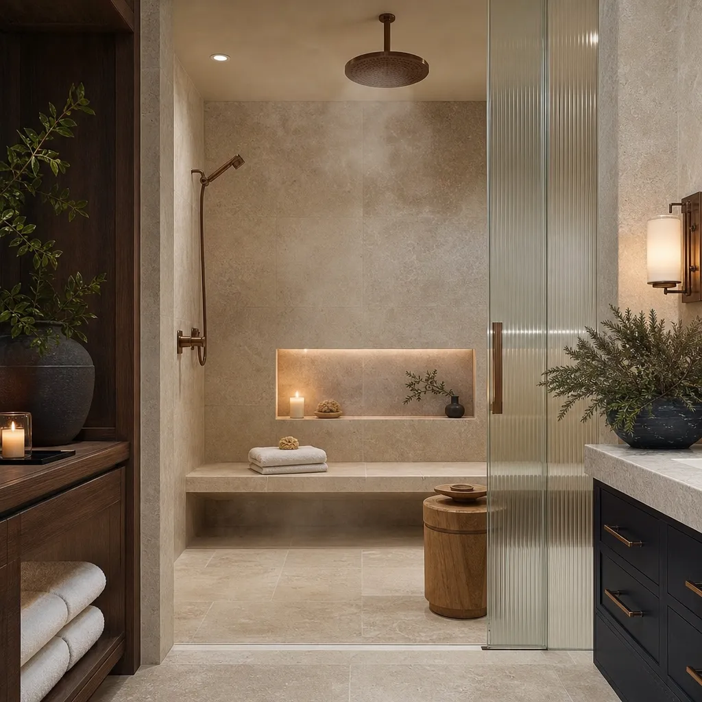 Glass-enclosed walk-in shower with a tiled bench, recessed niche and rainfall showerhead
