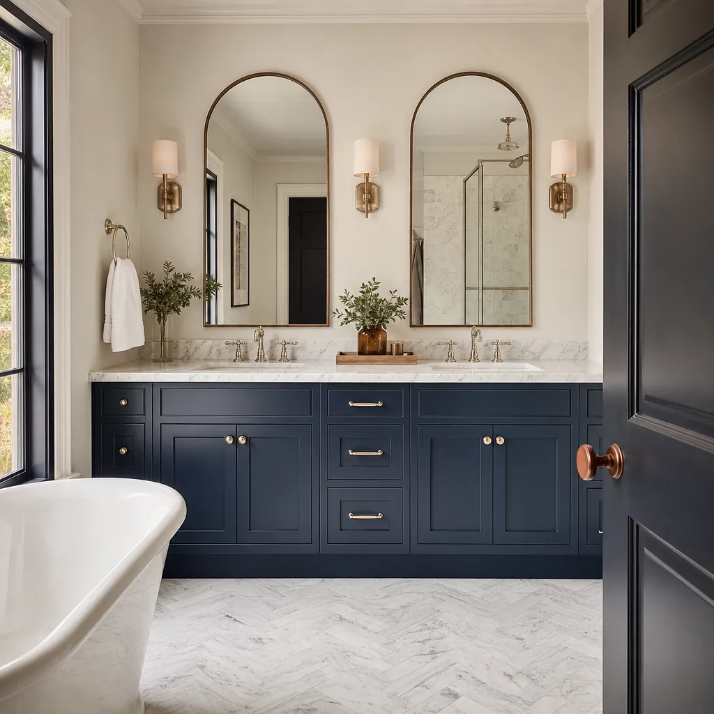 Transitional bathroom with a navy inset-door vanity, marble top and arched mirrors