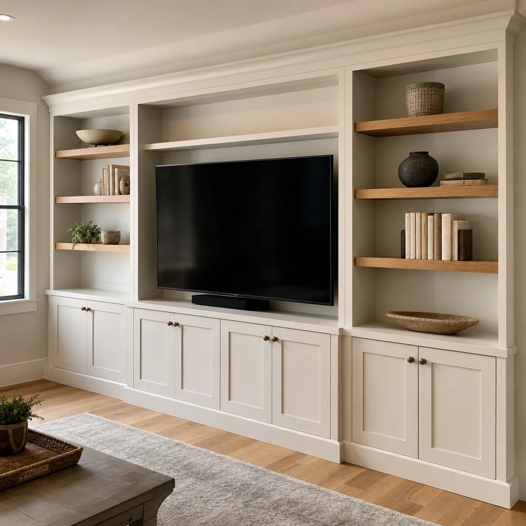 White built-in media cabinets and wood-backed bookcases surrounding a television