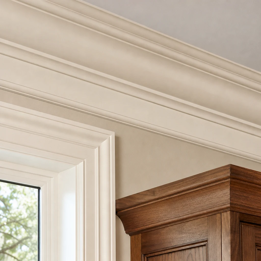 Close view of finished trim meeting at a painted corner