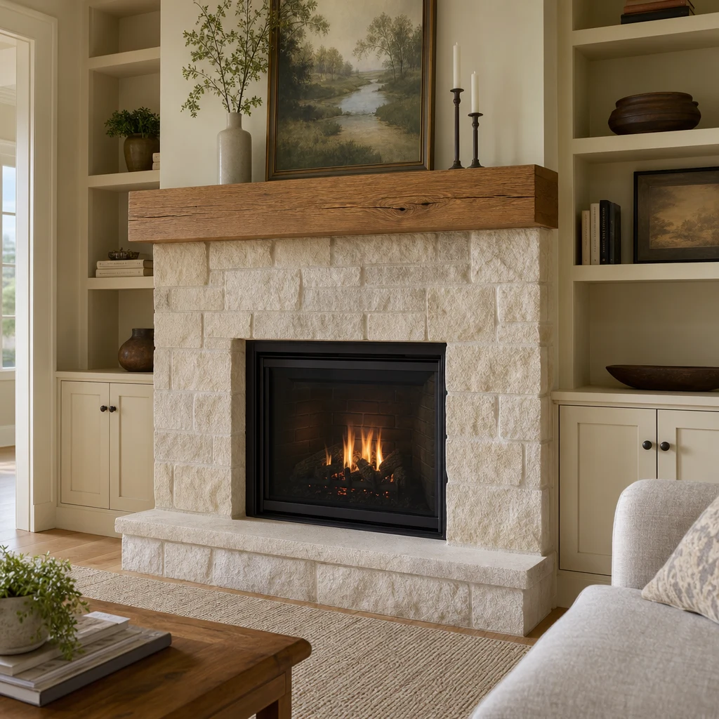 Fireplace with a wood mantel, pale stone surround and off-white built-in cabinets