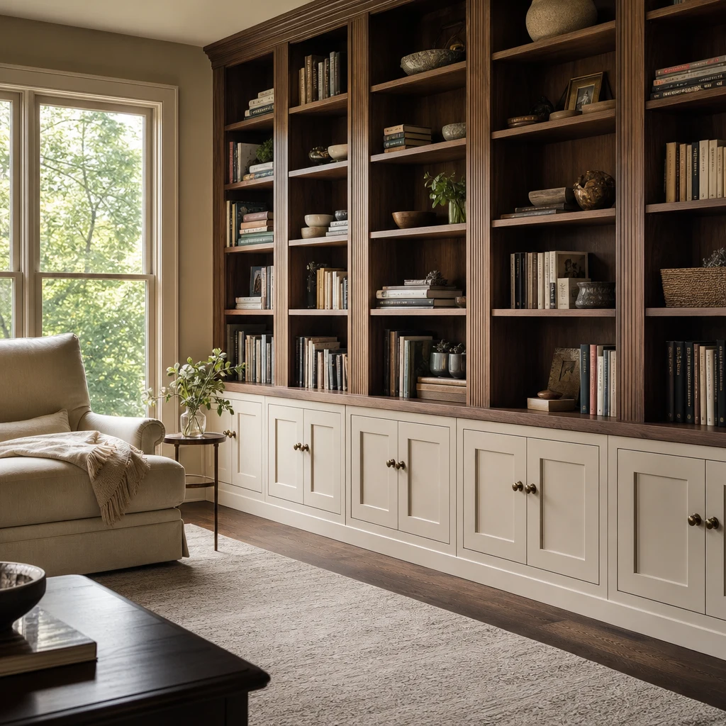 Floor-to-ceiling wood bookshelves above white paneled storage cabinets