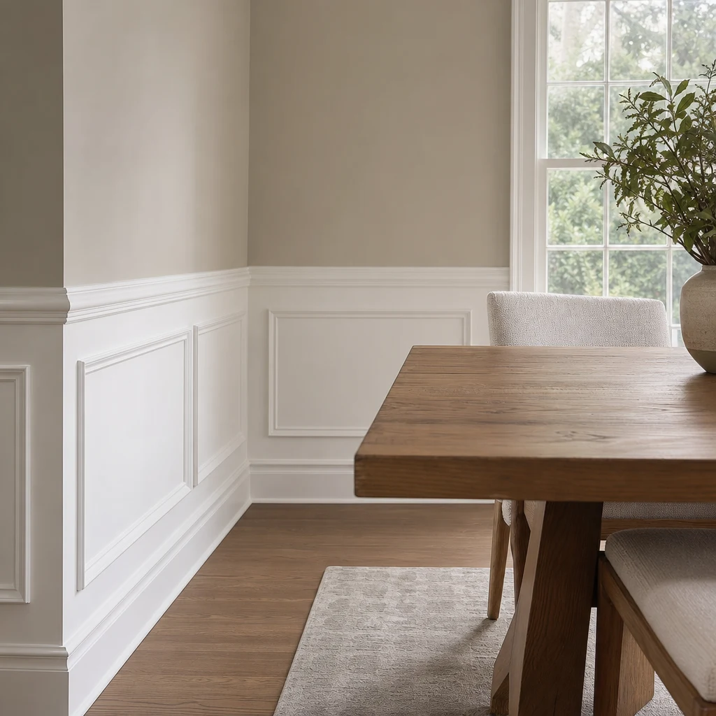 Off-white wainscoting with evenly spaced panels and a cap rail along a dining room wall