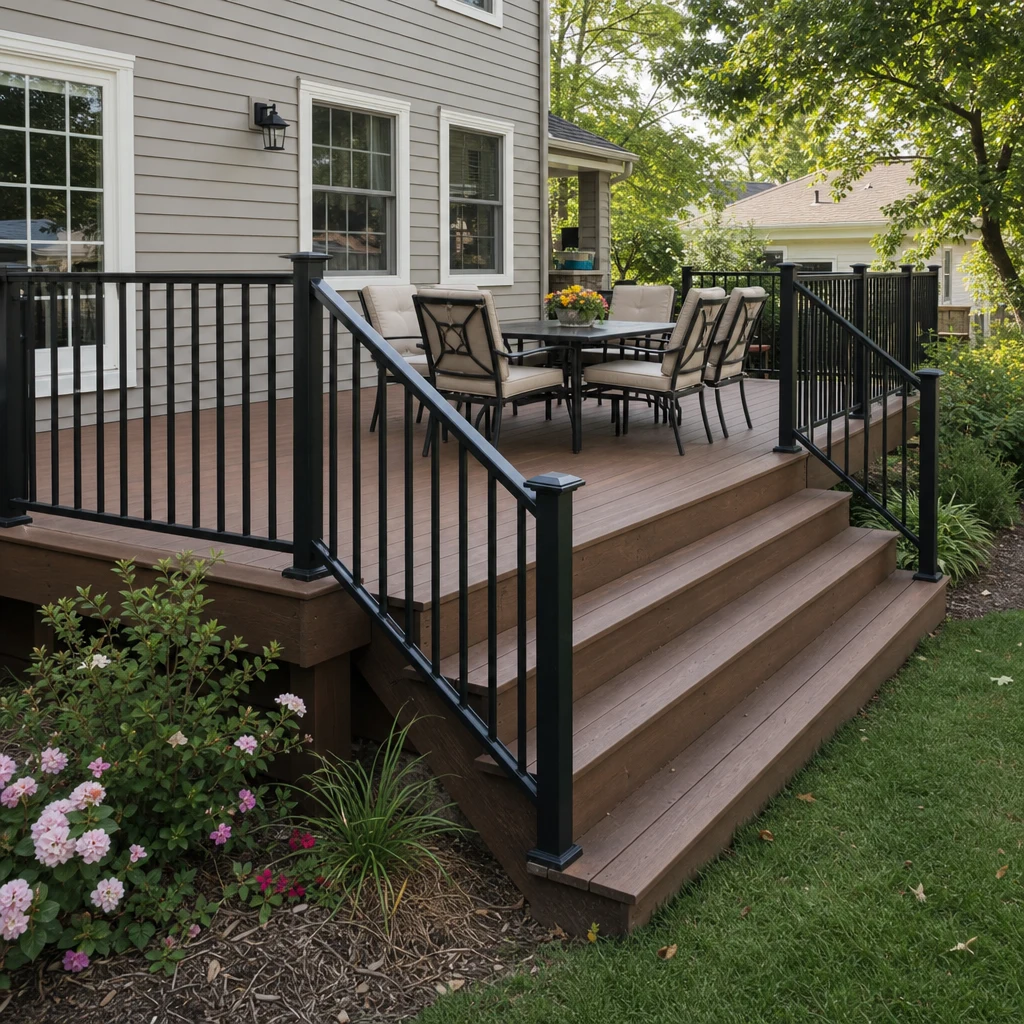 Backyard deck with wide stairs, slim black railings and an outdoor dining table in natural daylight