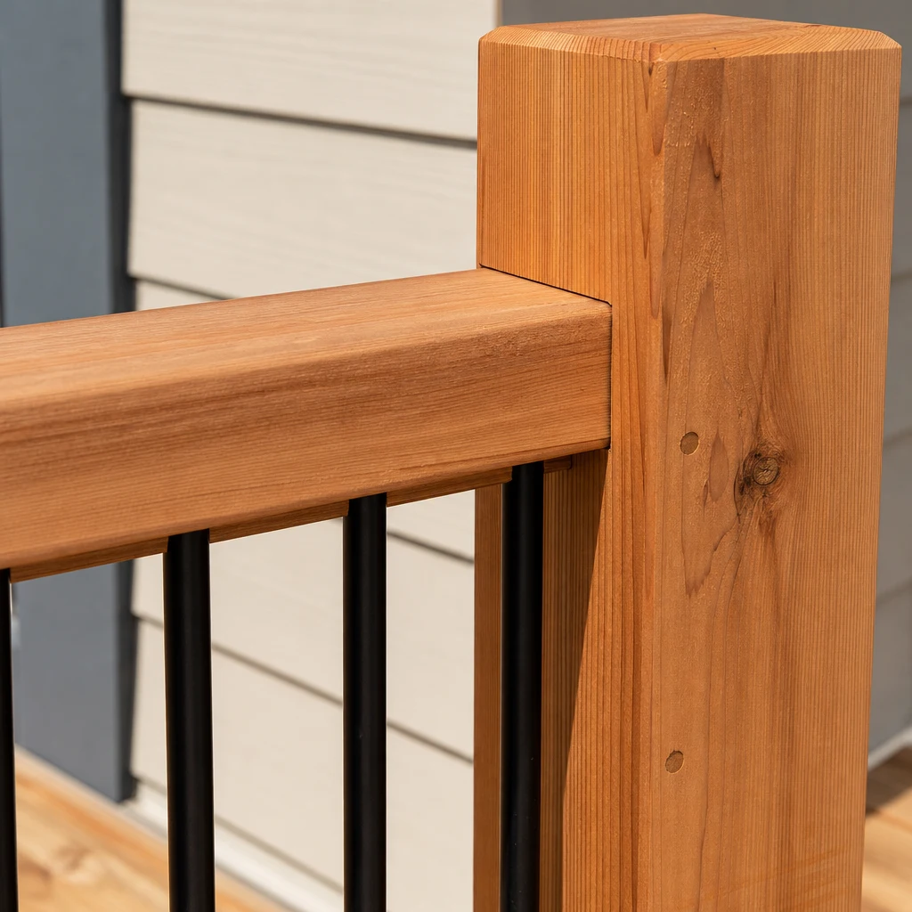 Close view of cedar deck handrail joinery at a timber post with black metal balusters
