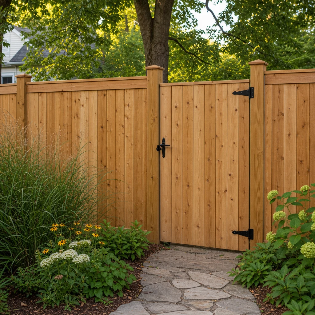 Cedar-toned privacy fence with a matching framed gate along a planted backyard border
