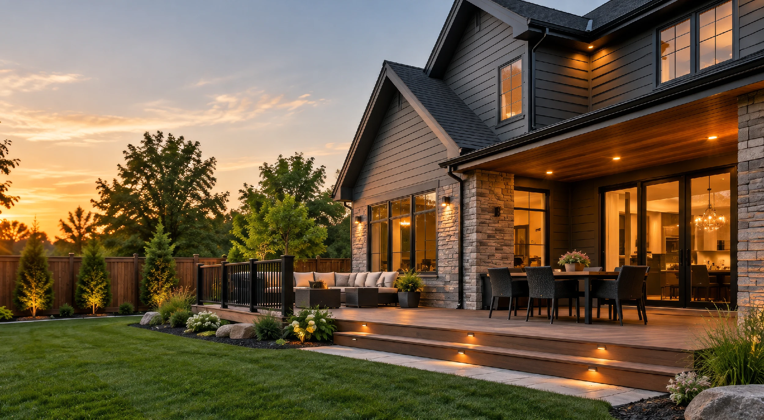 Home with gray siding, a covered backyard deck, illuminated steps and wood privacy fencing