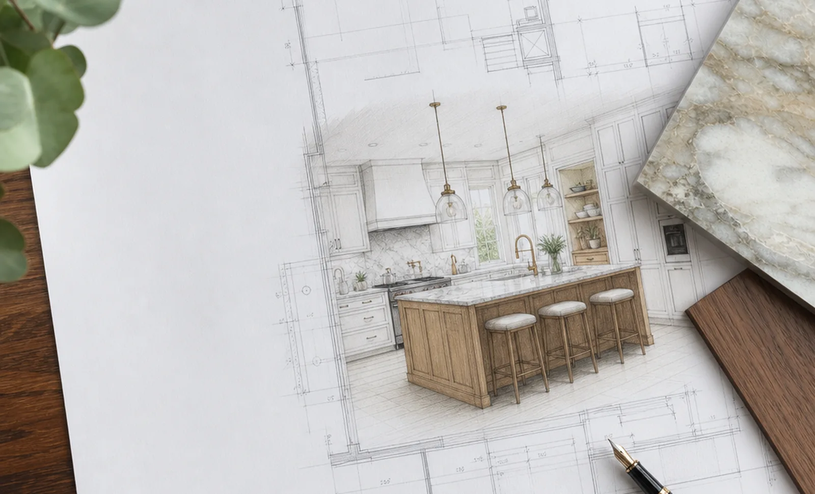 Kitchen island design drawing with wood finish and stone countertop samples