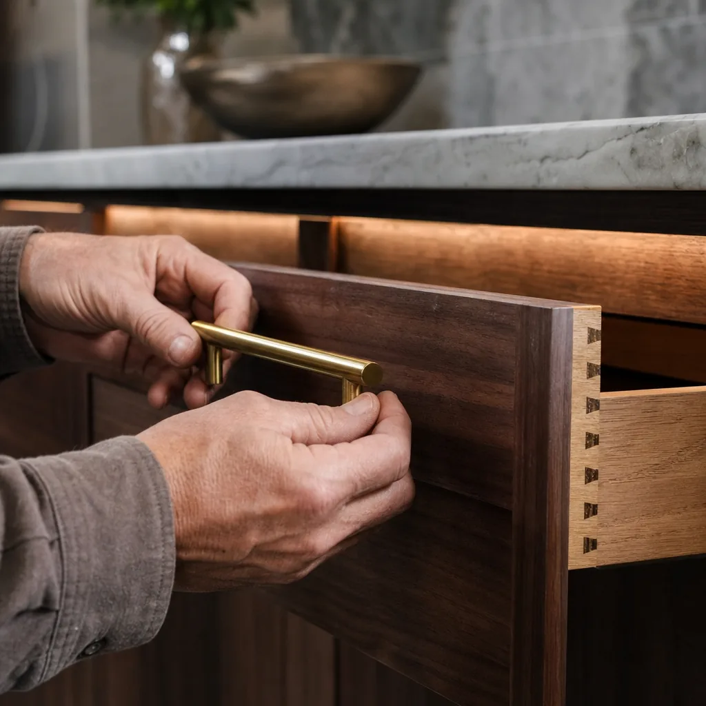 Close-up of brass hardware being fitted to a dovetailed walnut cabinet drawer
