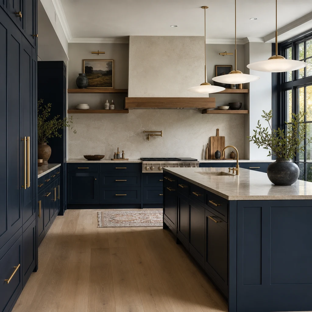 Kitchen with navy cabinets, a stone-topped island and brass pendant lights