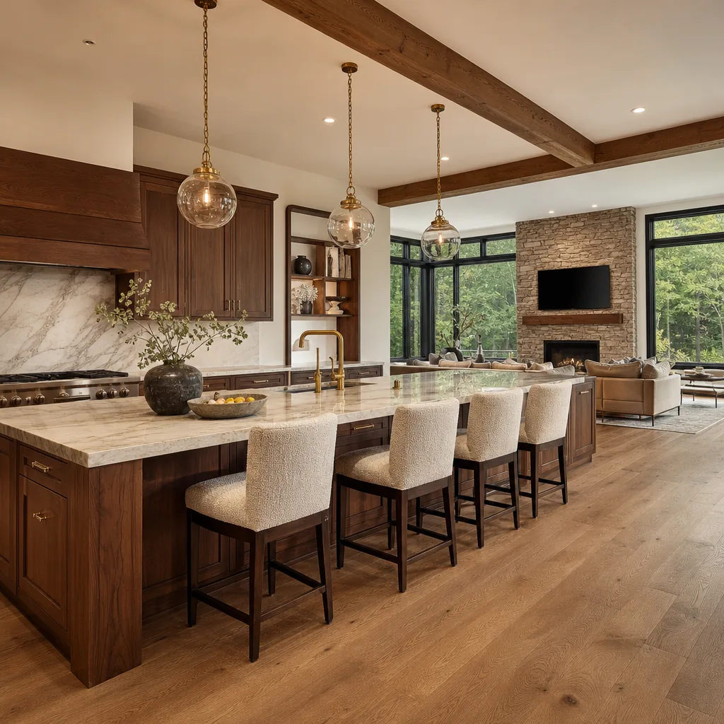Open-concept kitchen with a walnut island, quartzite top and glass pendant lights