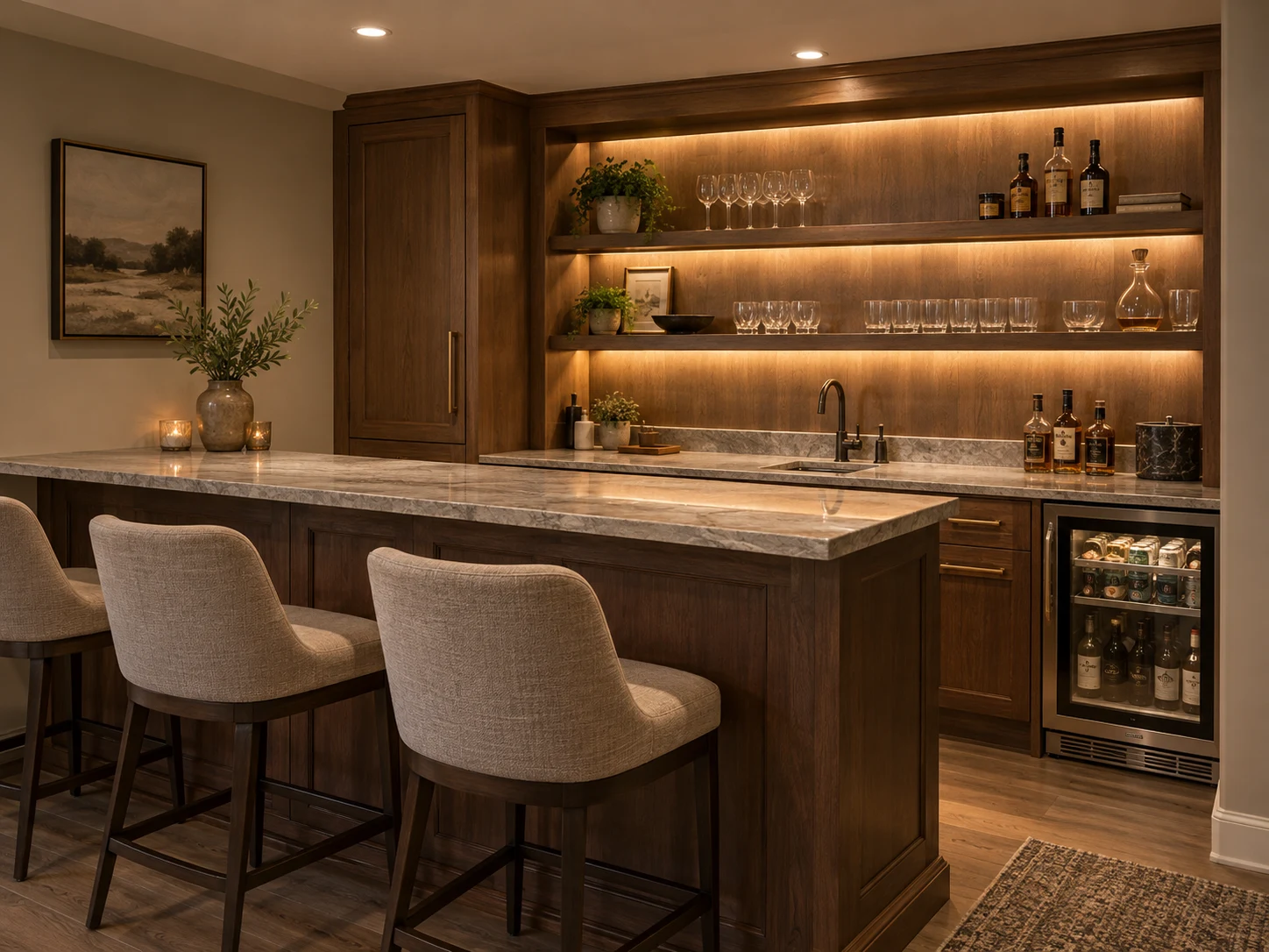 Basement wet bar with walnut cabinetry, stone counters, a beverage refrigerator and upholstered stools