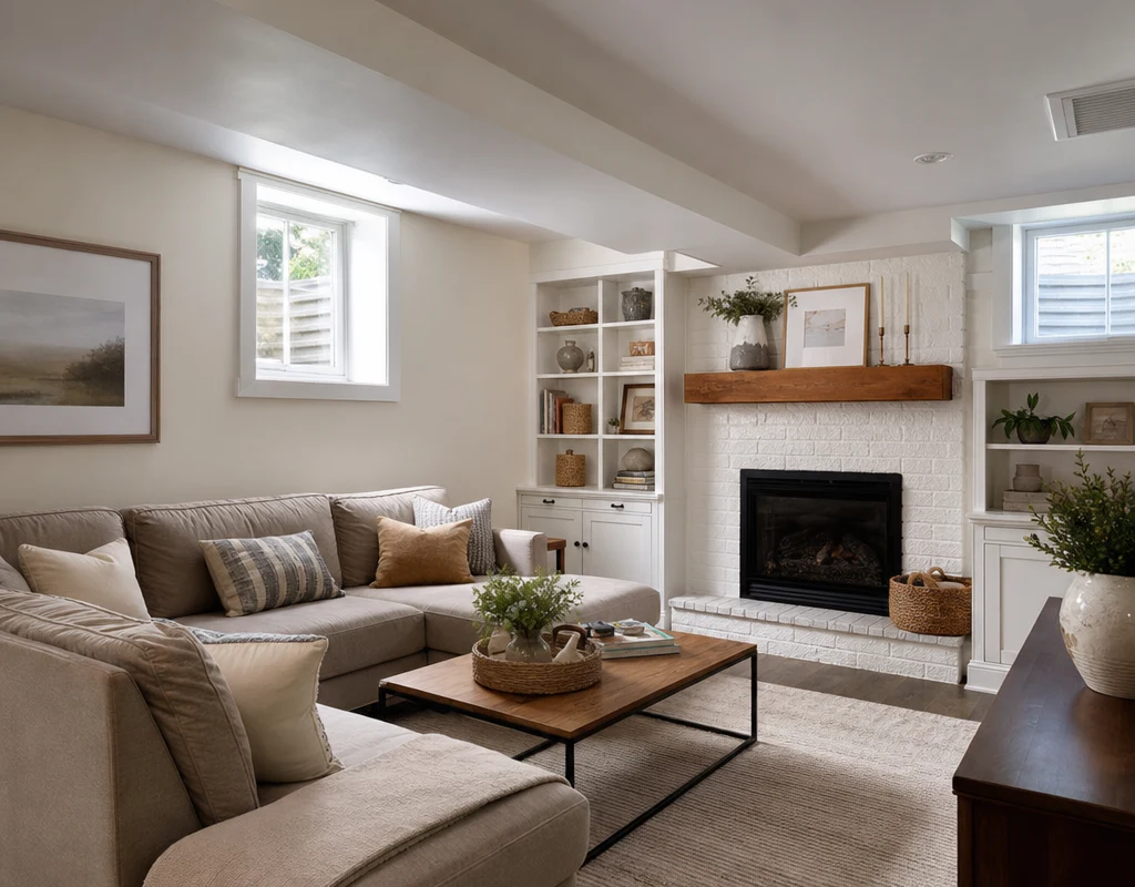 Bright lower-level family room with white built-in bookcases around a painted brick fireplace