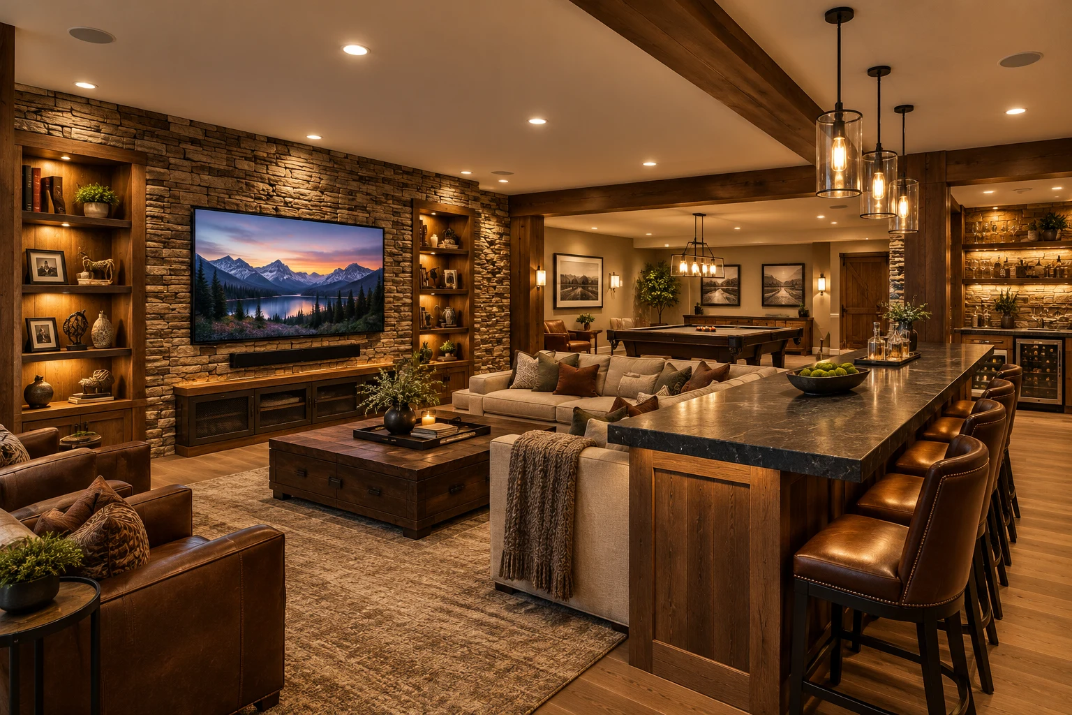 Rustic basement entertainment lounge with a stone television wall, illuminated wood built-ins, custom bar, leather seating and pool table