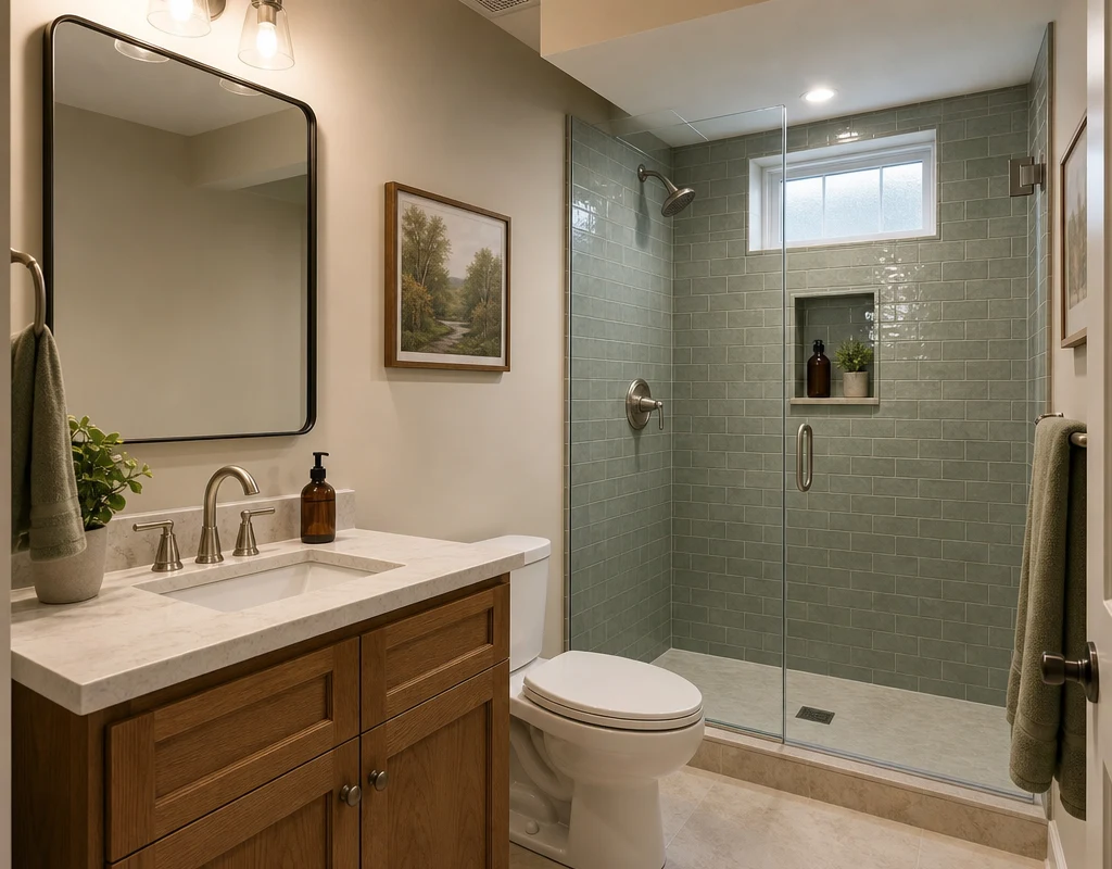 Basement guest bathroom with a sage tile shower, oak vanity and a small high window