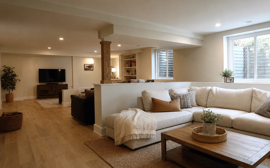 Finished lower level with a linen sectional, light oak flooring, a post built into an oak-capped half-wall and daylight from basement windows