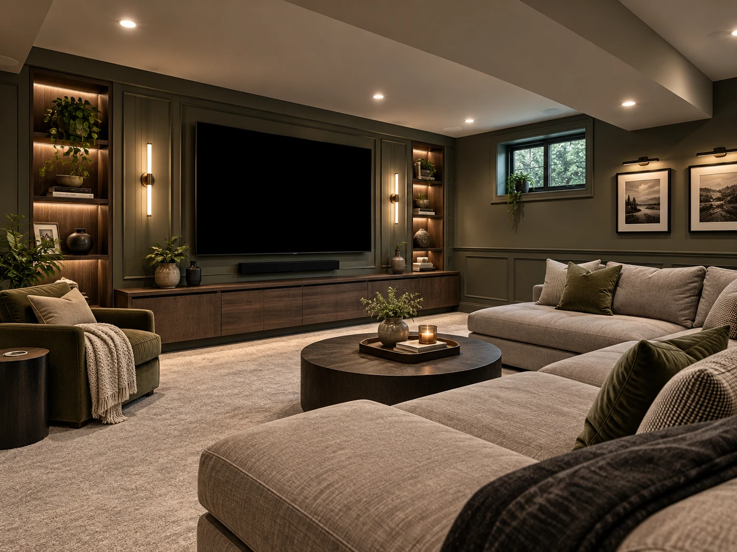 Olive-toned basement home theater with illuminated built-ins, a large television, walnut cabinetry and a comfortable sectional sofa
