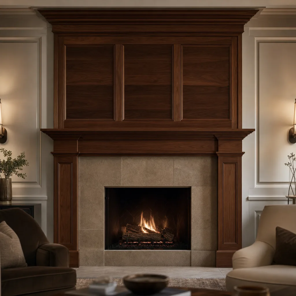 Paneled walnut fireplace mantel with a stone surround and crown molding