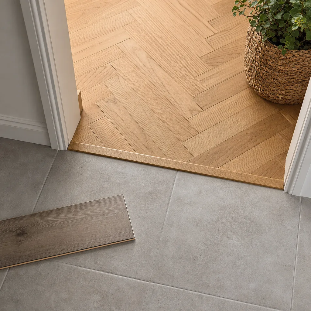 Oak herringbone floor meeting porcelain tile at a flush wood threshold