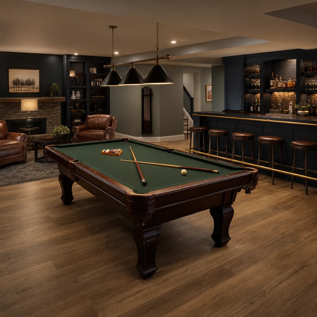 Game room lounge with a pool table, navy bar cabinetry and leather chairs