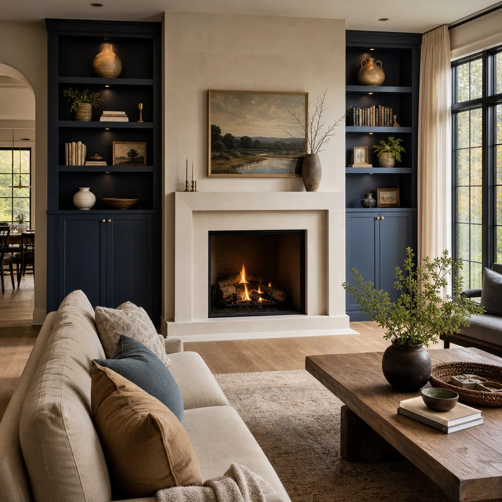 Living room with a white fireplace surround and navy built-in bookcases
