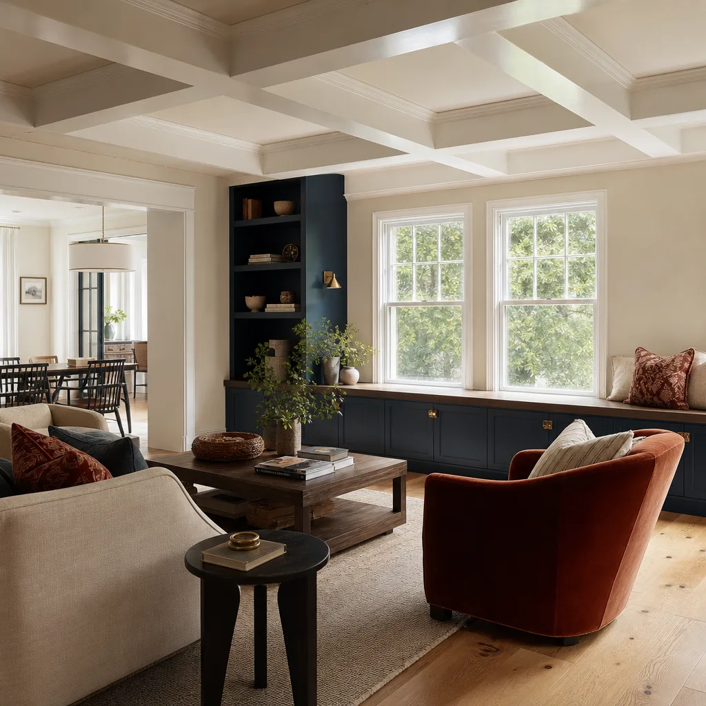 Living room with navy built-in cabinetry, crown molding and wide-plank wood floors