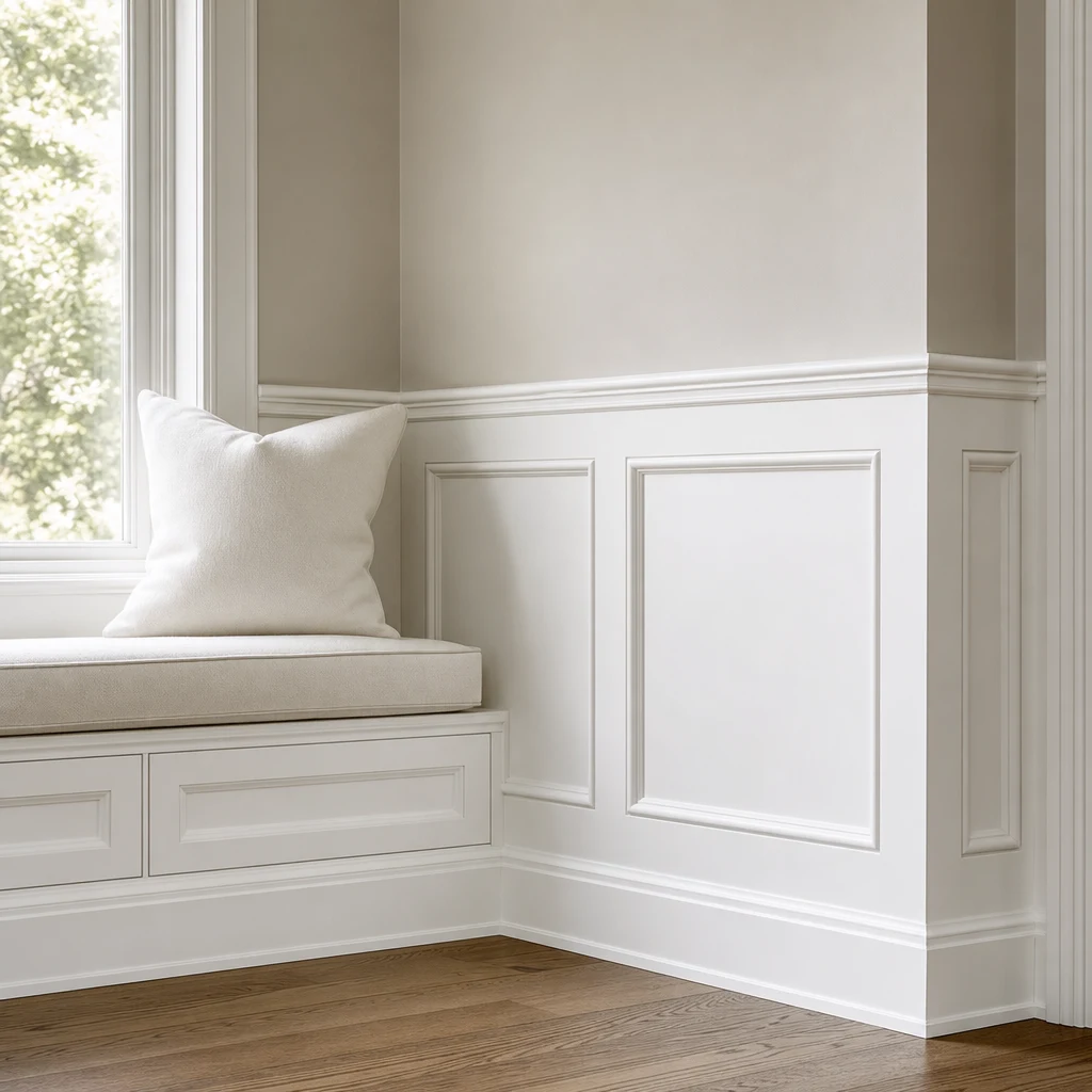 All-white painted raised-panel wainscoting and matching built-in window seat