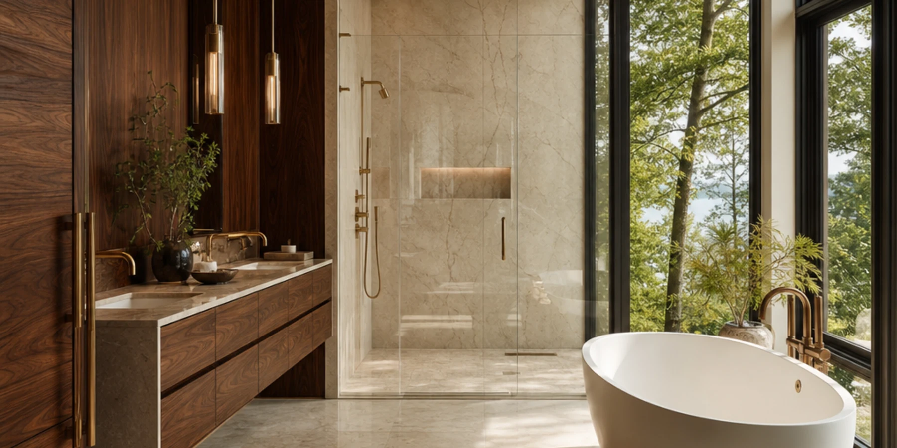 Bathroom with a freestanding tub, glass walk-in shower and walnut vanity