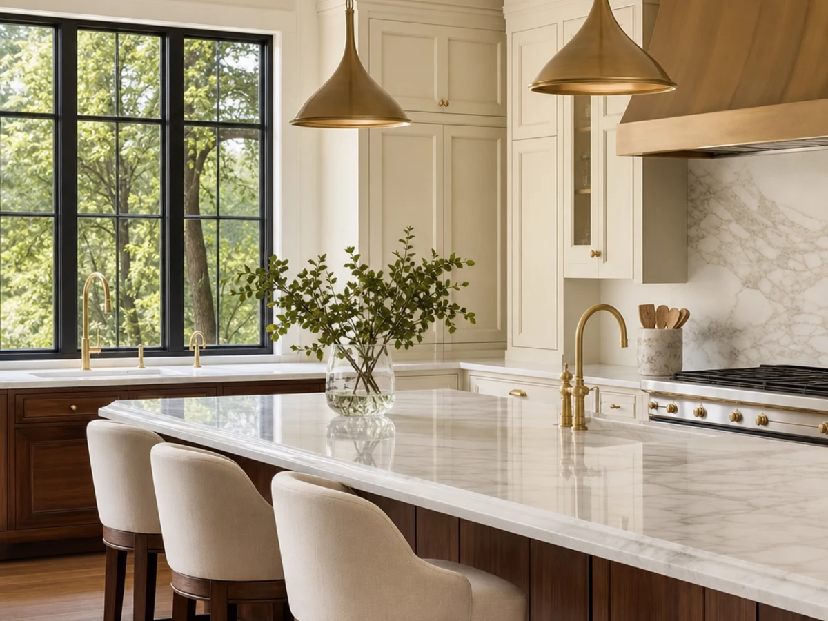 Kitchen with a marble island, walnut cabinetry and brass pendant lights
