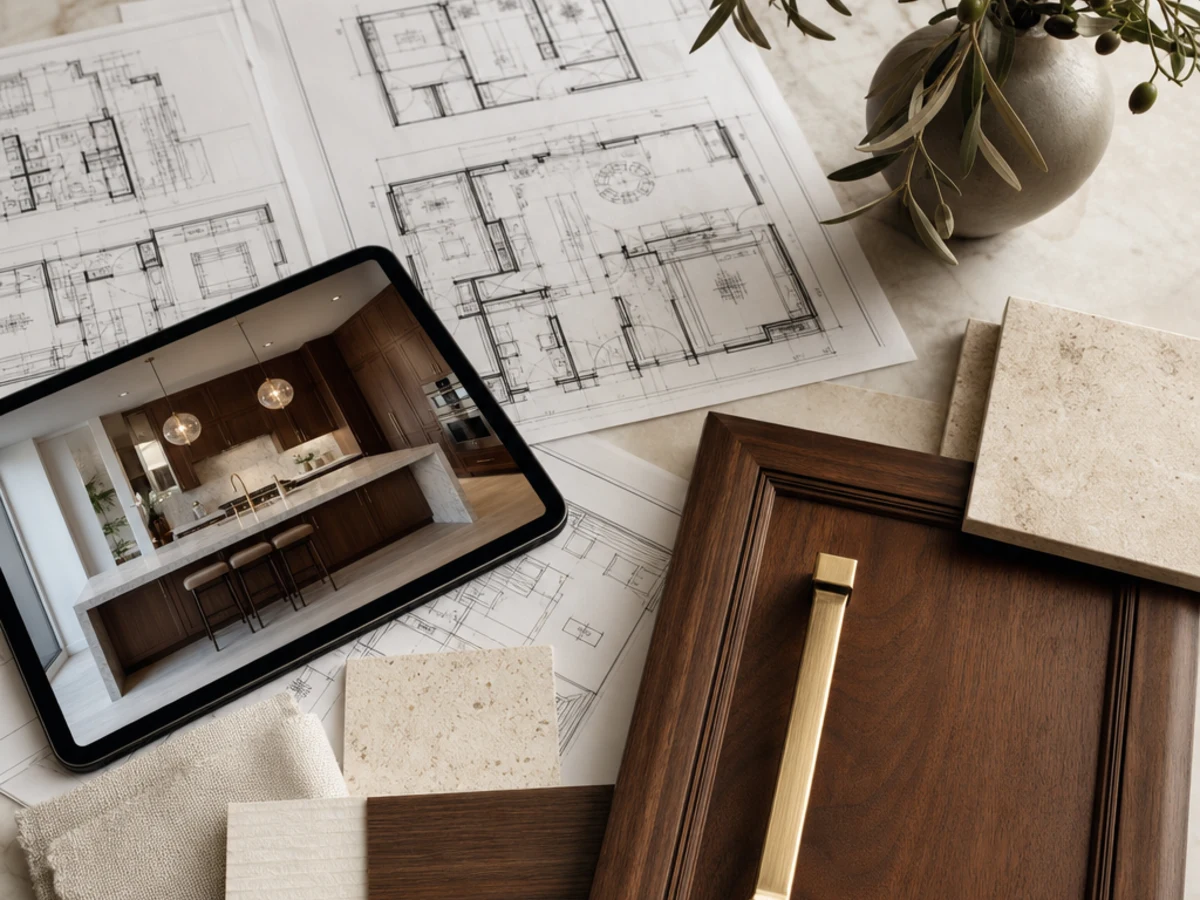 Floor plan drawings, cabinetry samples and a tablet showing a kitchen design