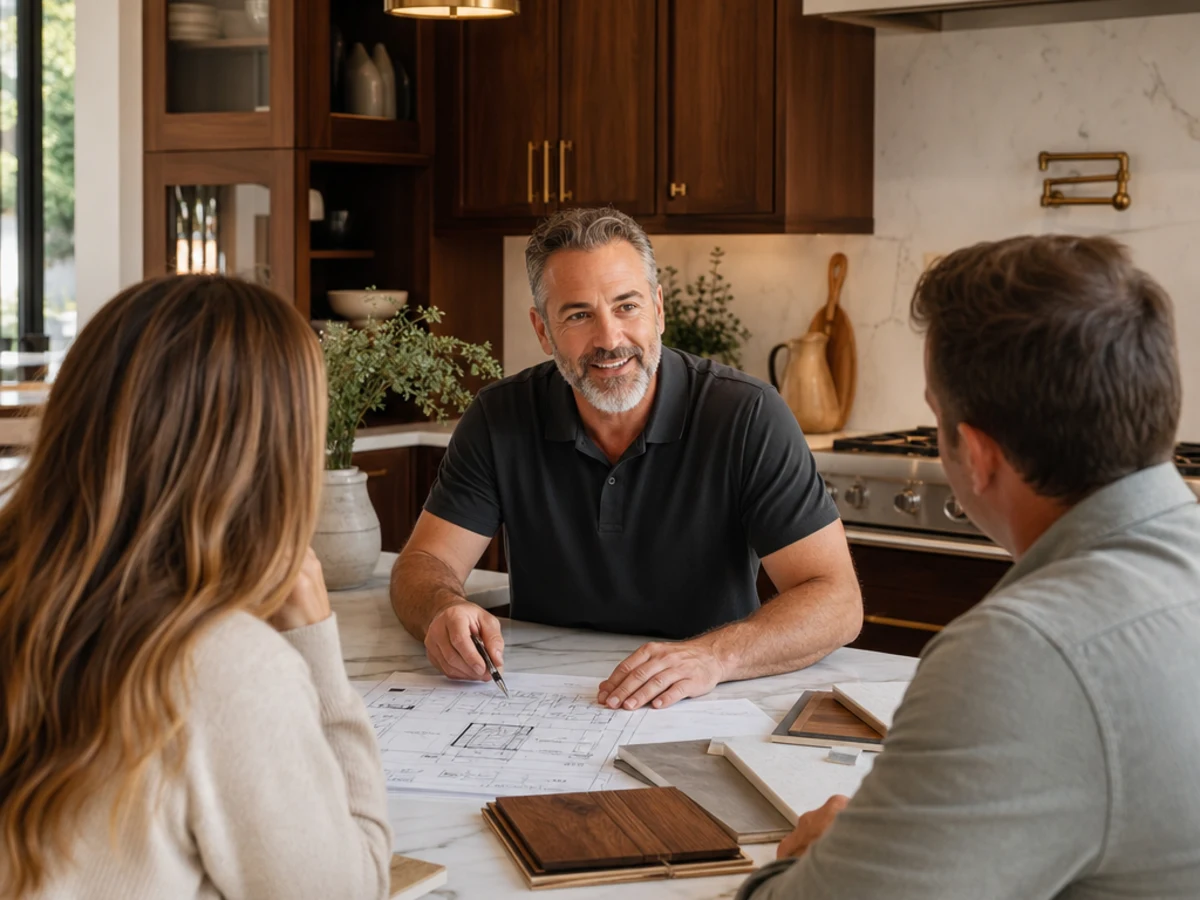 Homeowners reviewing remodeling plans with a consultant at a kitchen island