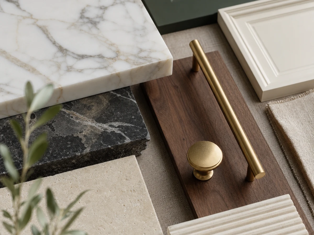 Brass cabinet hardware with stone, tile and wood finish samples
